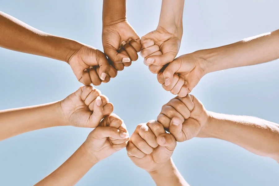 Das Bild zeigt eine Gruppe von Händen, die zu einem Kreis geformt sind, mit erhobenen Fäusten.